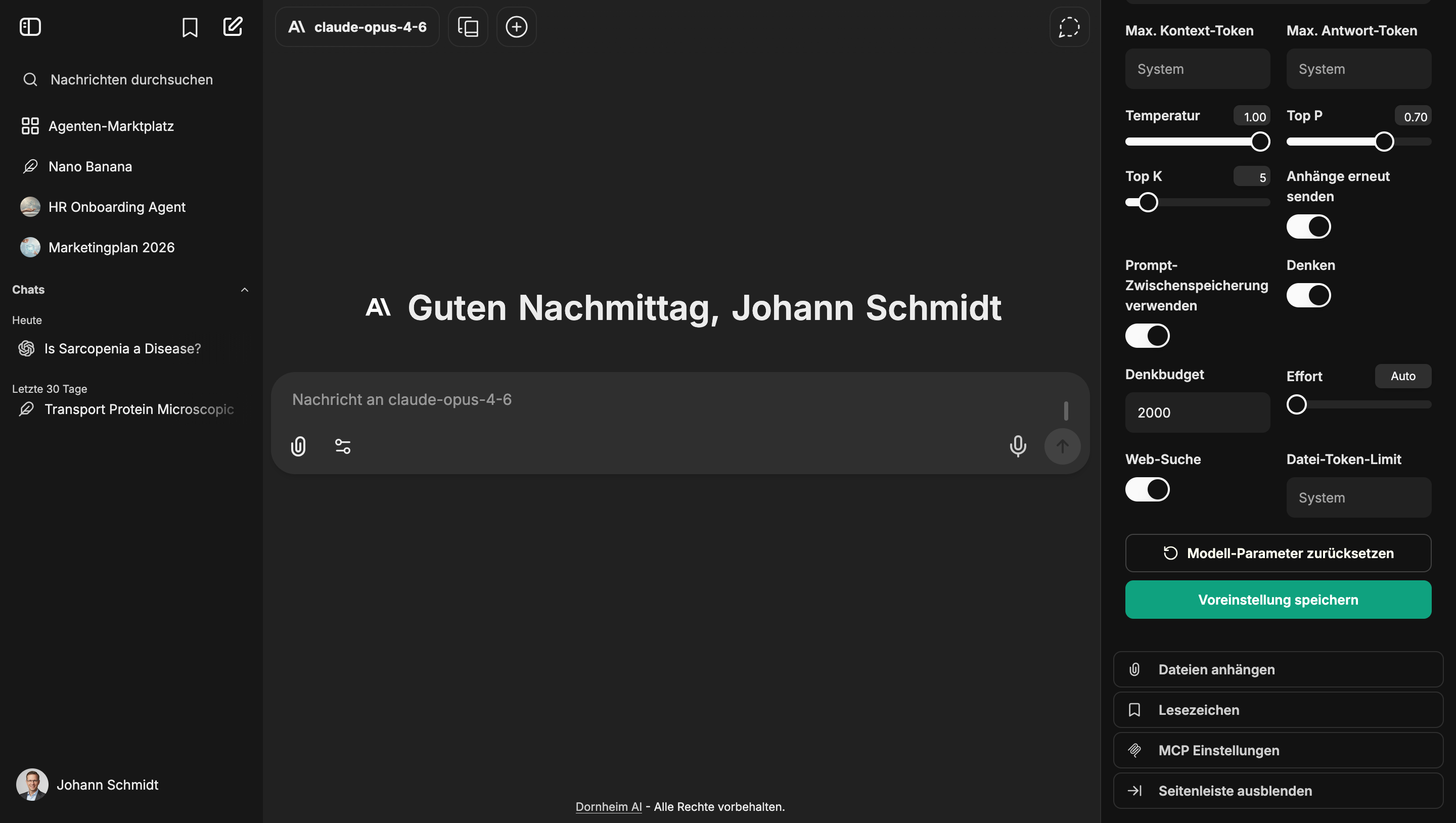 Dornheim AI Platform – Benutzeroberfläche im Dark Mode mit KI-Einstellungen