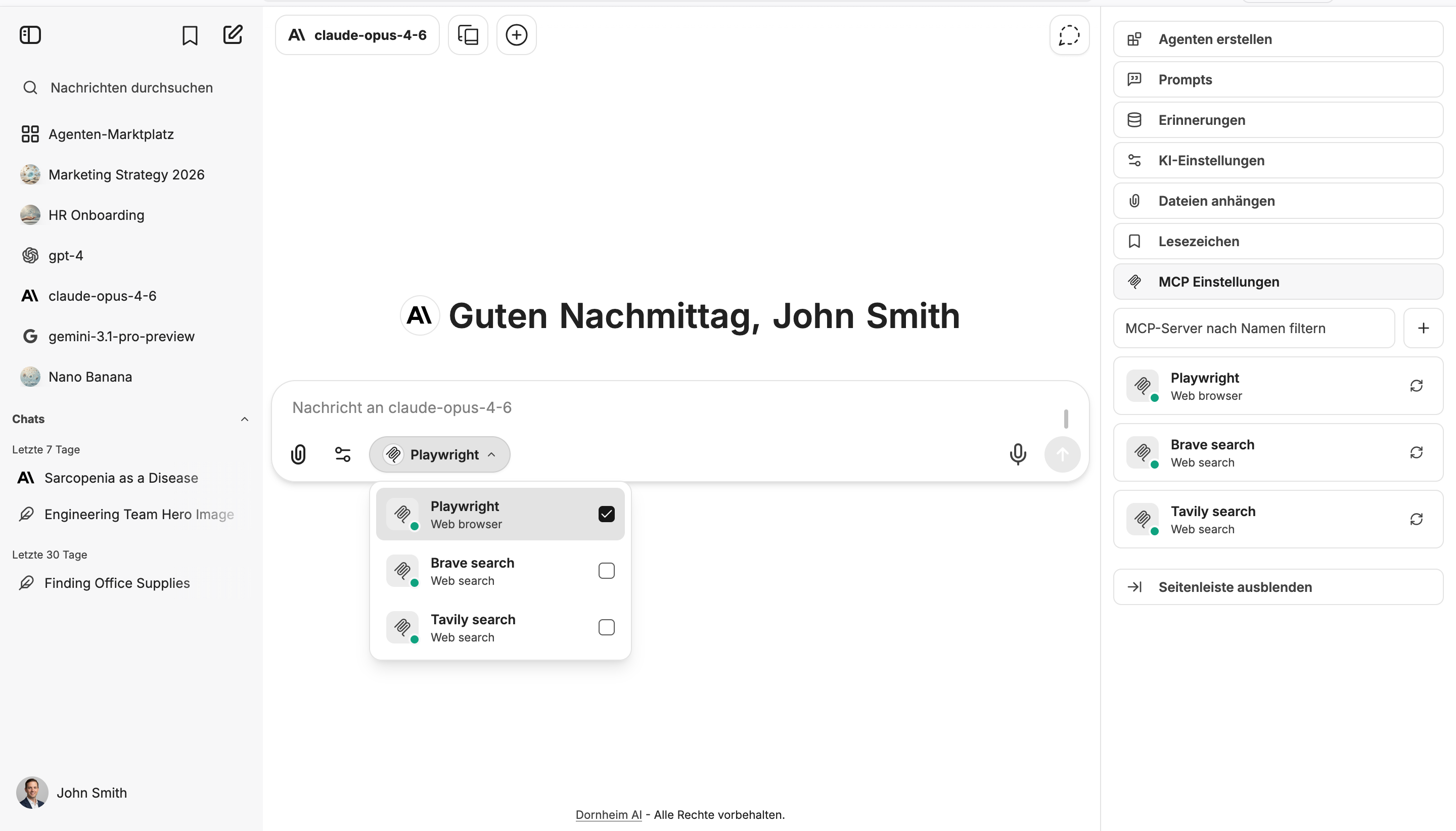 Dornheim AI Platform – Tools-Menü und aktivierte MCP-Werkzeuge in der Seitenleiste