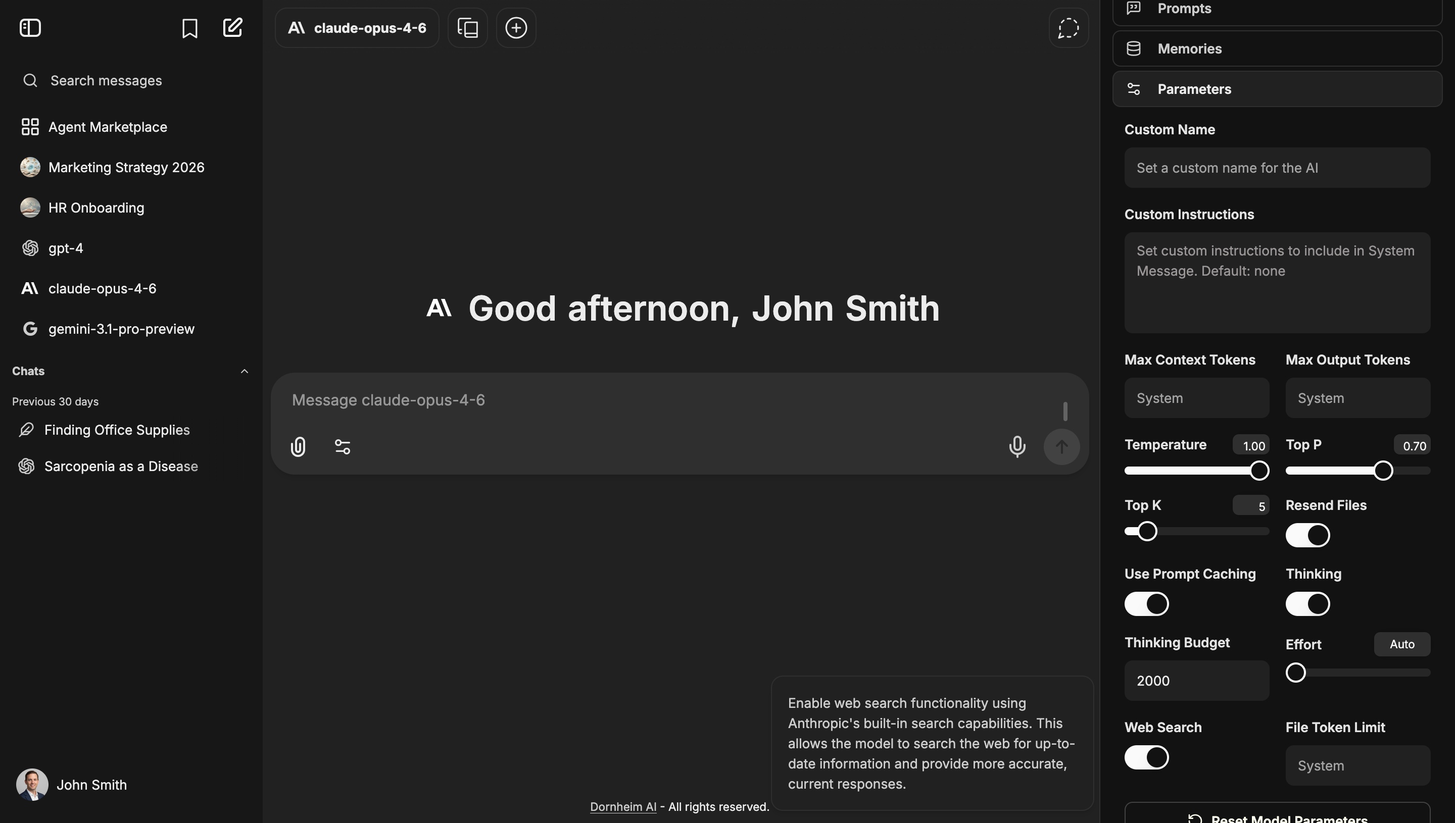 Dornheim AI Platform – User interface in Dark Mode with AI settings