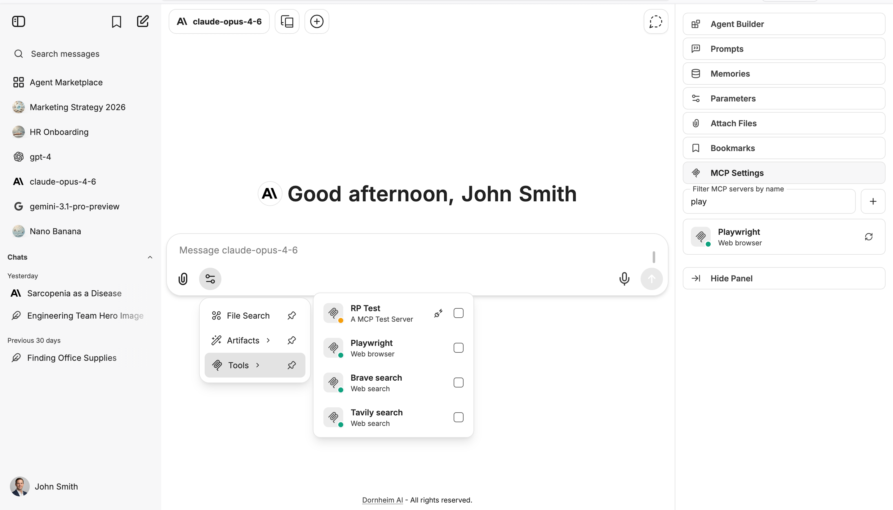 Dornheim AI Platform – Tools menu and active MCP tools in the sidebar
